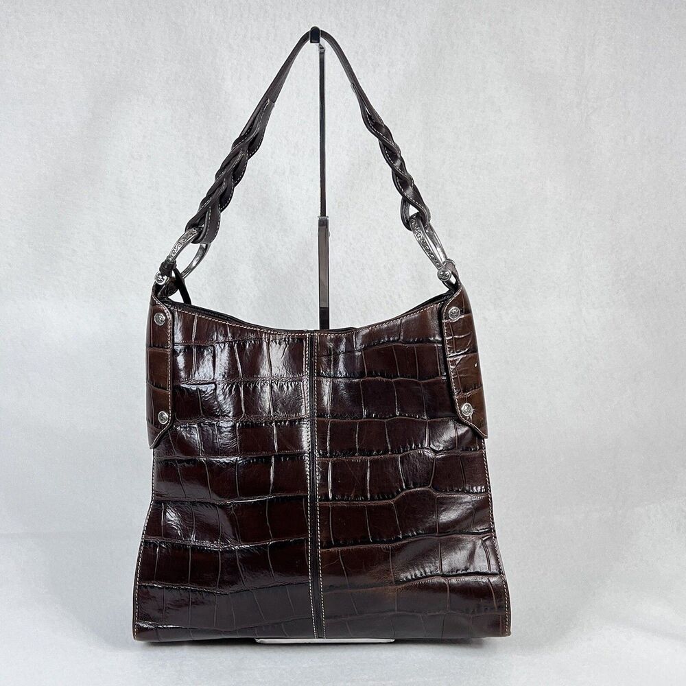 Vintage Brighton Endora Brown Croc Embossed Leather Shoulder Bag Silver Hardware